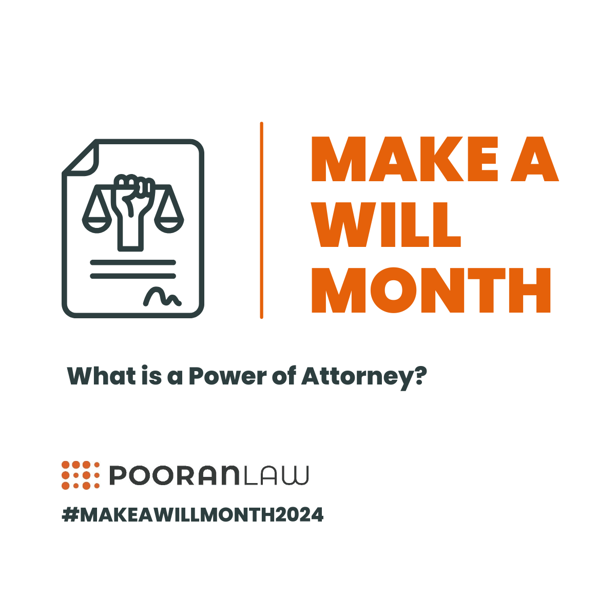 A decorative photo with the PooranLaw logo and a picture of a document with a balance scale representing 'Make A Will Month'